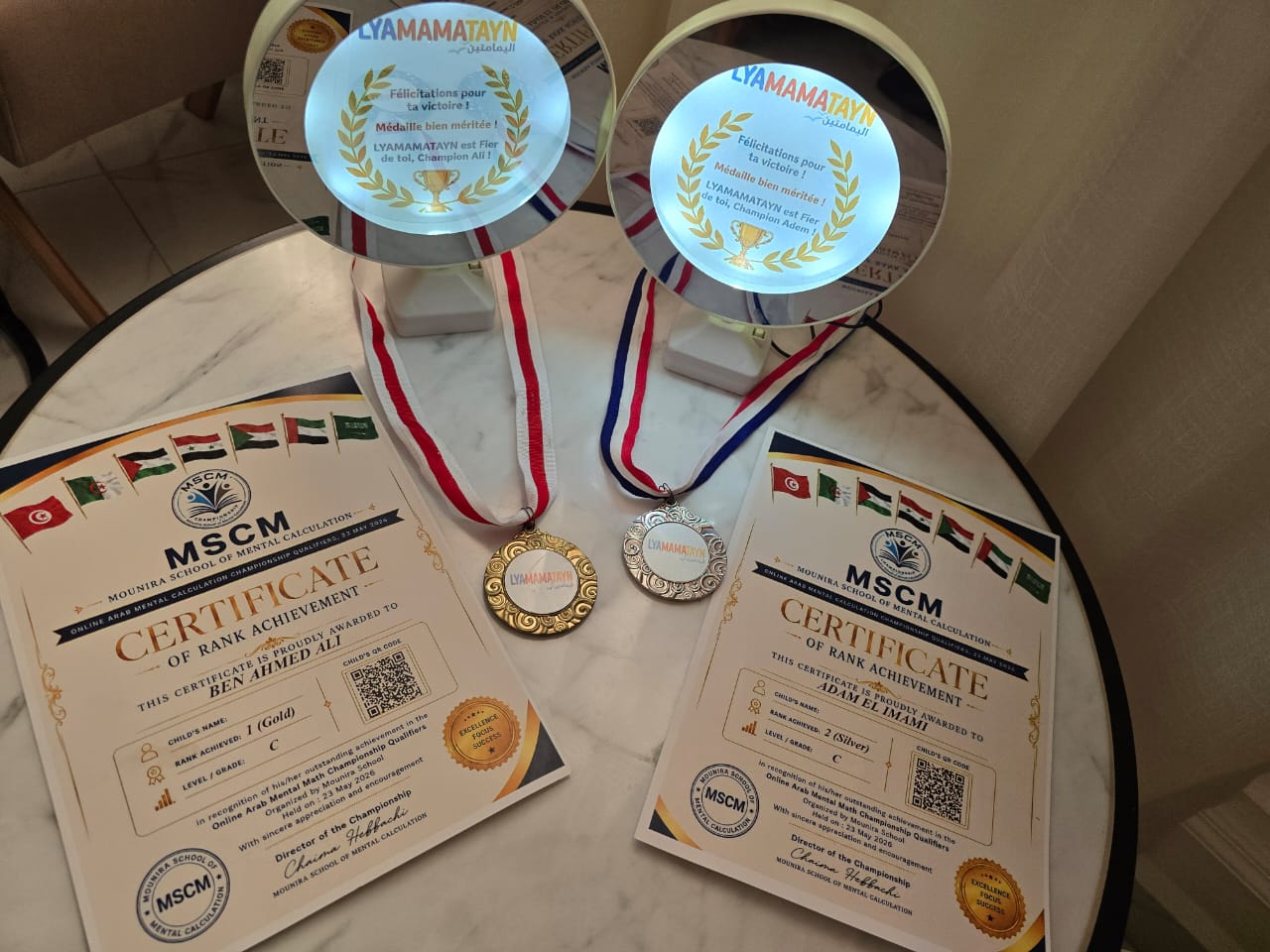 Médailles et certificats de nos champions de calcul mental