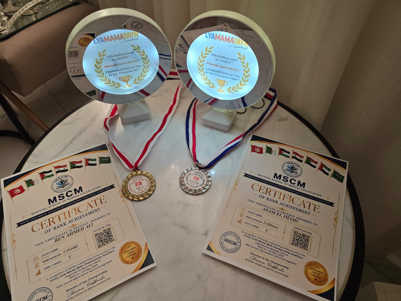Médailles et certificats de nos champions de calcul mental