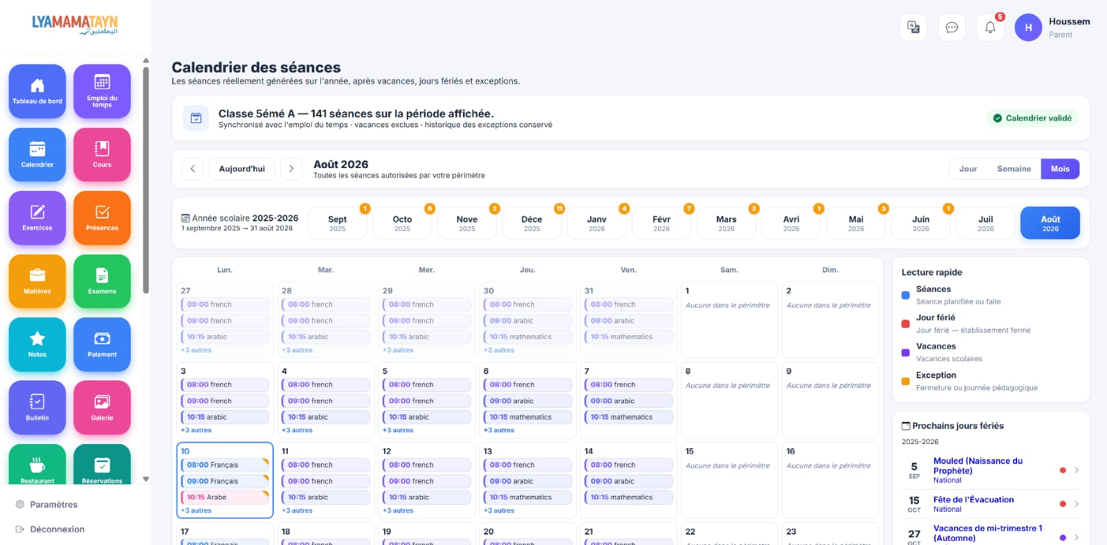 Tableau de bord Lyamamatayn — calendrier des séances